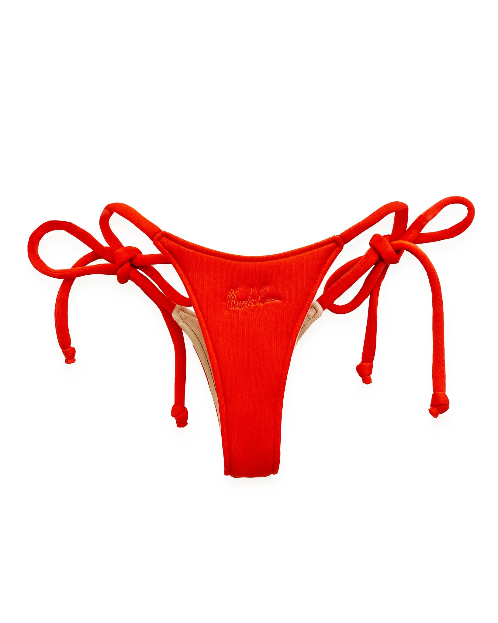 reverse view of red neoprene bikini with Muehleder signature detail