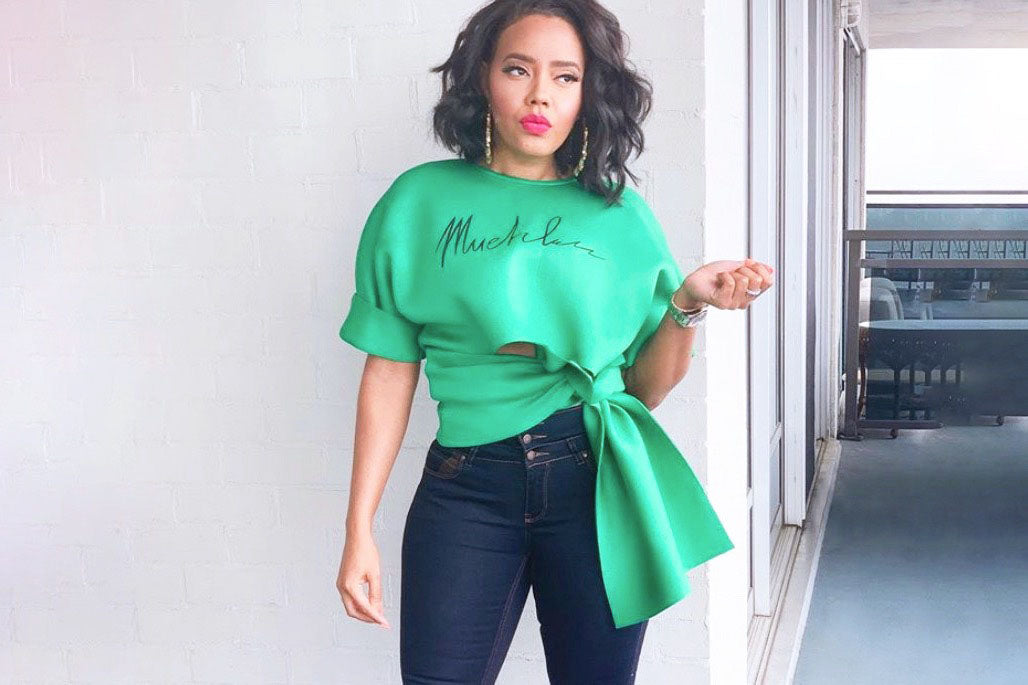 Angela Simmons On Mommy Duty in Her Muehleder Slashed Sweatshirt
