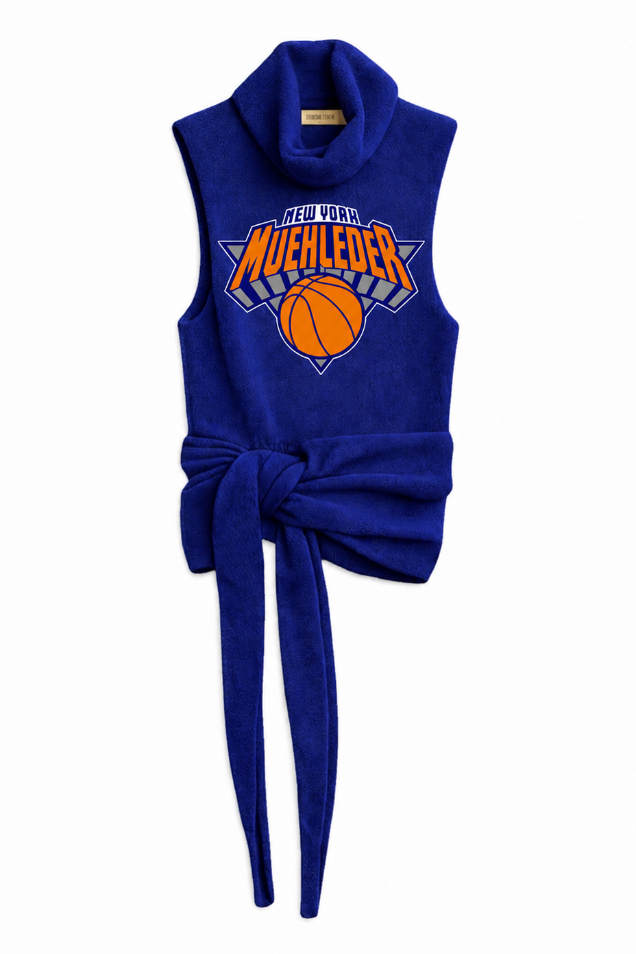 Blue sleeveless sweater with basketball design and text on a white background