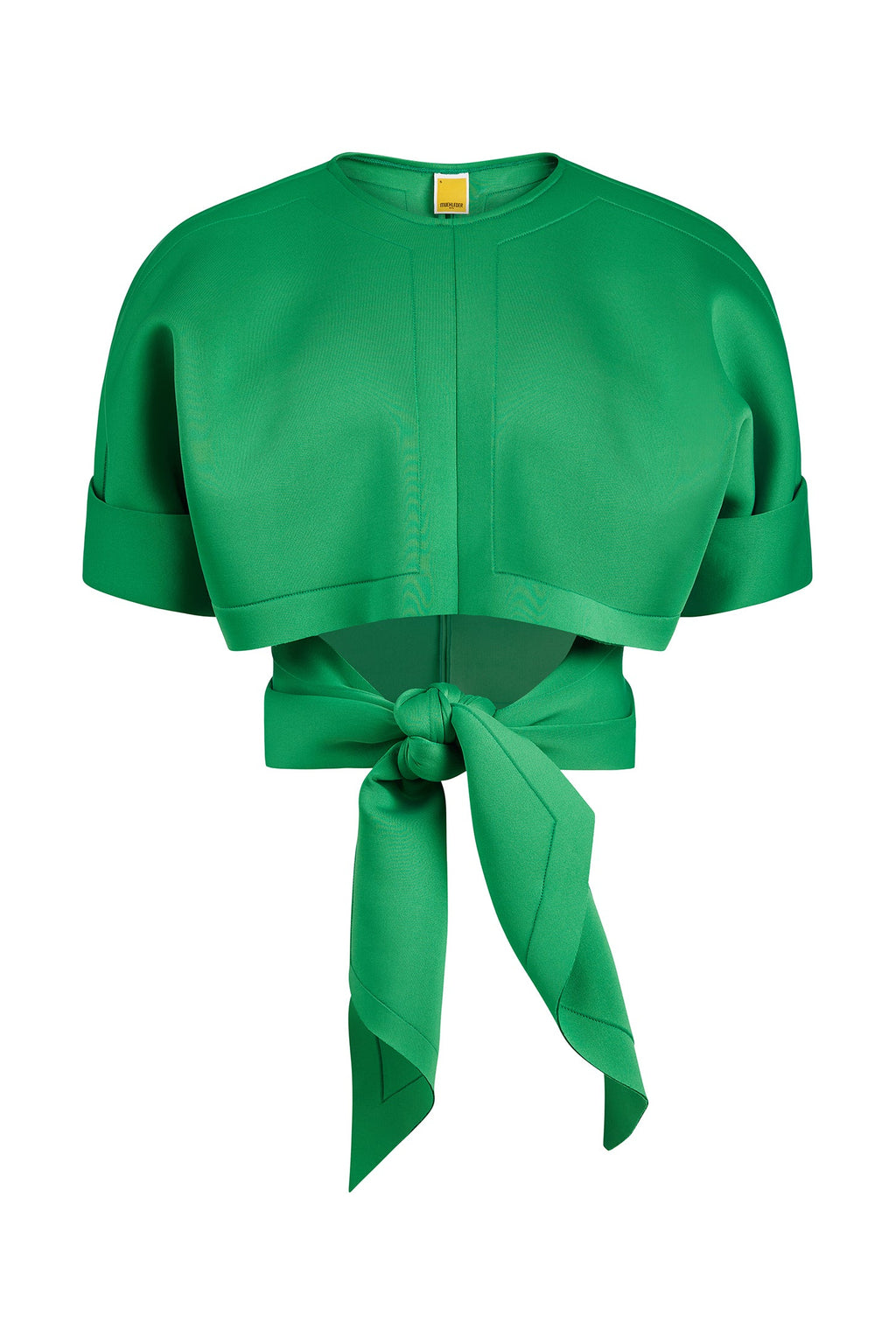 Green cropped jacket with a tie detail on a white background
