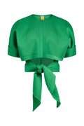 Green cropped jacket with a tie detail on a white background