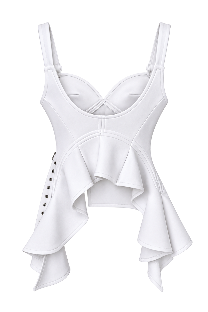 A white structured bustier-style top with thin shoulder straps, a sweetheart neckline, underwire cups, a ruffled peplum hem, and side eyelet detailing, shown on a plain white background.