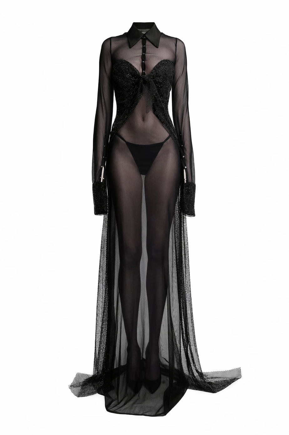 Black sheer gown with long sleeves on a white background